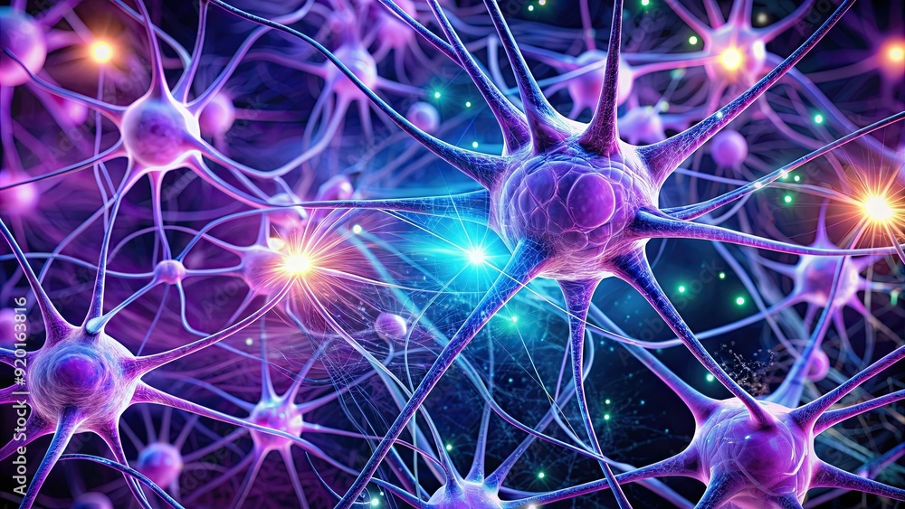 Close-up render of glowing purple neurons connecting in human brain against futuristic holographic backdrop, brain, neurons Close-up render of glowing purple neurons connecting in human brain against futuristic holographic backdrop, brain, neurons