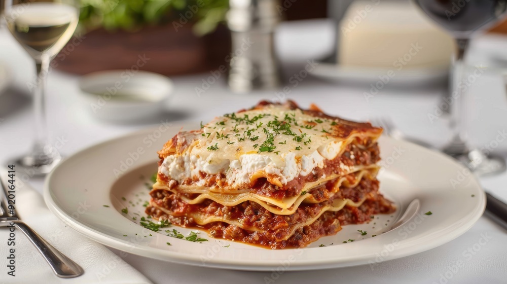 Delicious lasagna layered with rich meat sauce, creamy cheese, and garnished with herbs, served on a elegant dining table. Delicious lasagna layered with rich meat sauce, creamy cheese, and garnished with herbs, served on a elegant dining table.