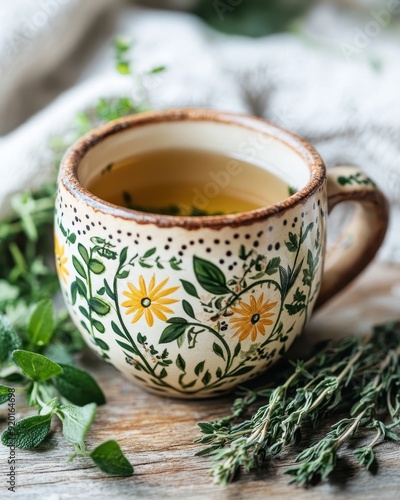 Wallpaper Mural Herbal Tea in a Rustic Mug with Fresh Herbs on Wooden Table. Torontodigital.ca