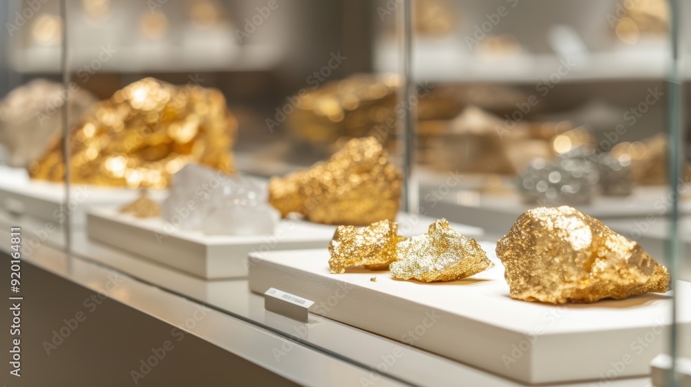 Naklejka premium Display of golden mineral specimens in a modern exhibit, showcasing their unique textures and shimmering surfaces.