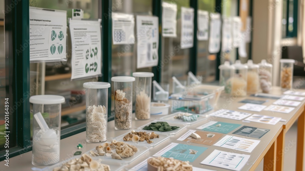Display of various natural samples and educational materials in a laboratory setting, showcasing environmental studies. Display of various natural samples and educational materials in a laboratory setting, showcasing environmental studies.
