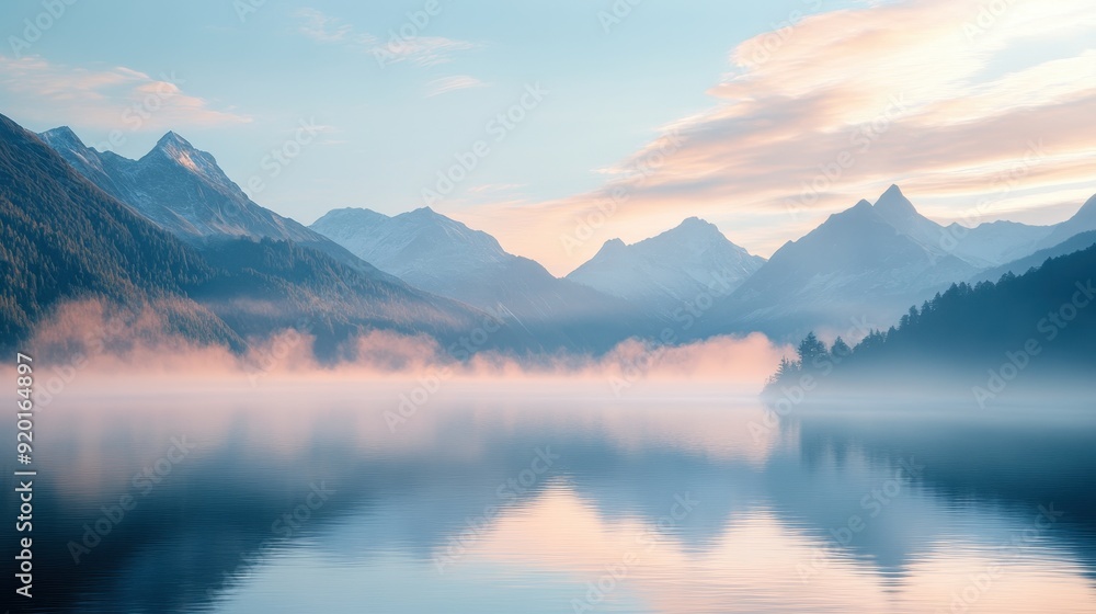 Fototapeta premium Serene Mountain Lake with Foggy Sunrise - Stunning Landscape Photography