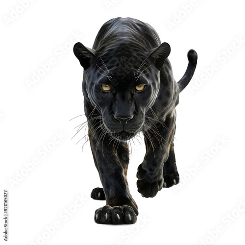 A black panther is walking on a white background