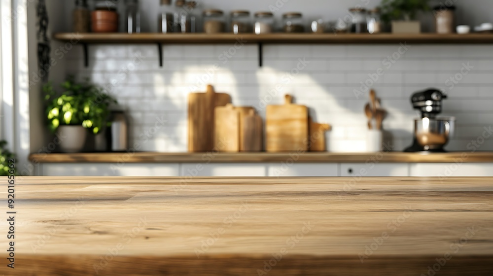 Wooden Tabletop in a Sunny Kitchen Wooden Tabletop in a Sunny Kitchen