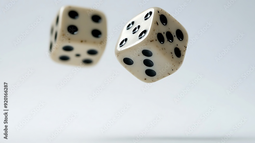 Two Dice in Mid-Air, One Showing Five Two Dice in Mid-Air, One Showing Five