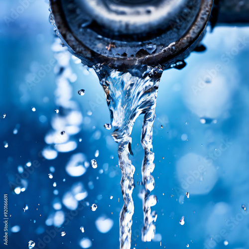 Macro view of water pouring from a ruptured home water pipe, droplets frozen in mid-air, demonstrating the urgency of fixing the leak. The image also shows water damage signs, moisture textures, and f
