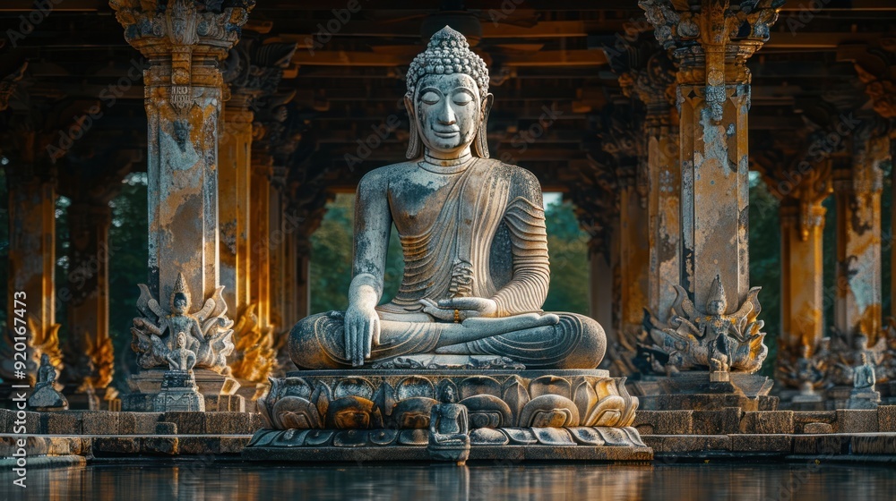 Serene Buddha Statue in a Water Basin with Intricate Pillars Serene Buddha Statue in a Water Basin with Intricate Pillars