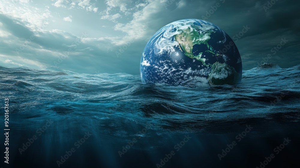 Earth Globe Sinking Beneath the Waves - Climate Change and Global Warming Concept. Earth Globe Sinking Beneath the Waves - Climate Change and Global Warming Concept.
