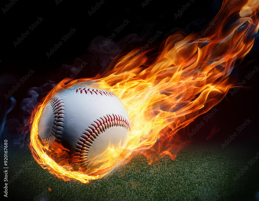 Close up of burning baseball on green grass with flames and black background Close up of burning baseball on green grass with flames and black background