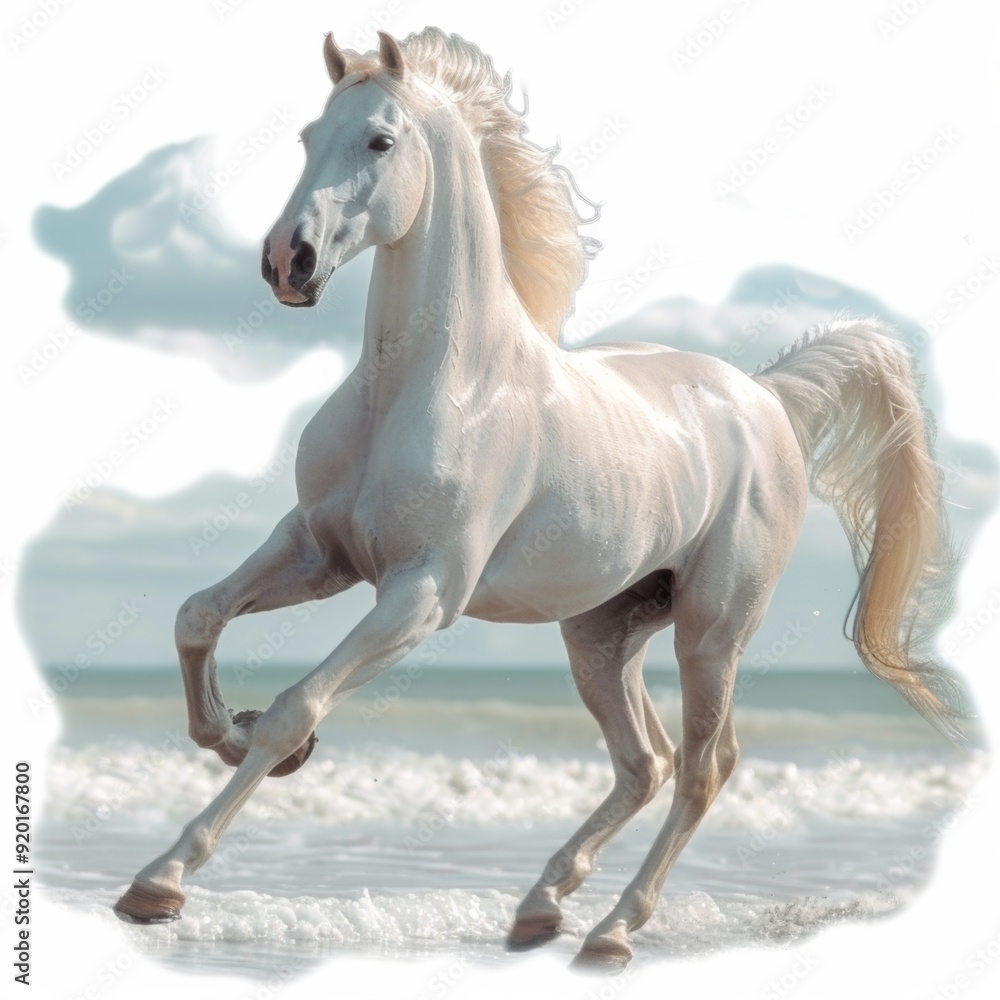 Majestic White Horse Prancing on Serene Beach with Crashing Waves Majestic White Horse Prancing on Serene Beach with Crashing Waves