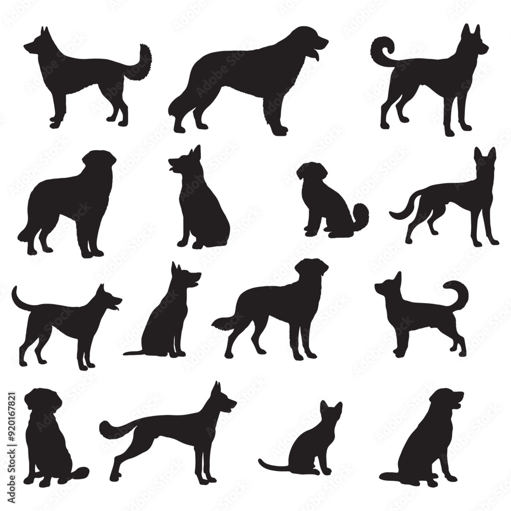 set of black dogs silhouettes on white set of black dogs silhouettes on white