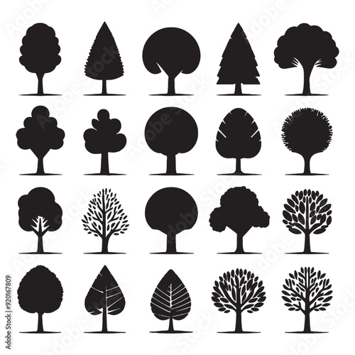 set of trees silhouettes on white	