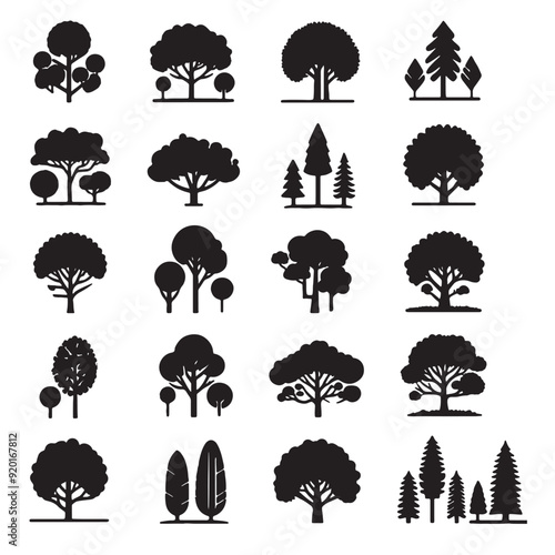 set of trees silhouettes on white	