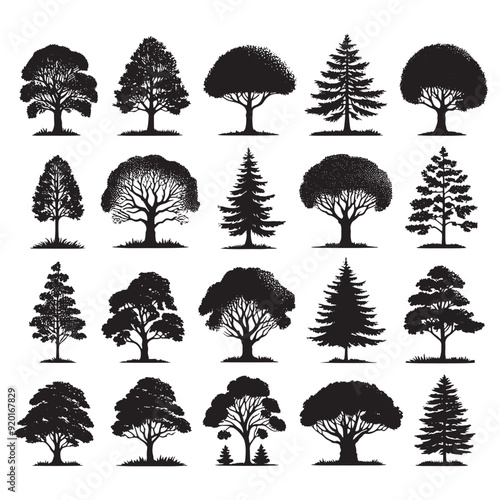 set of trees silhouettes on white	