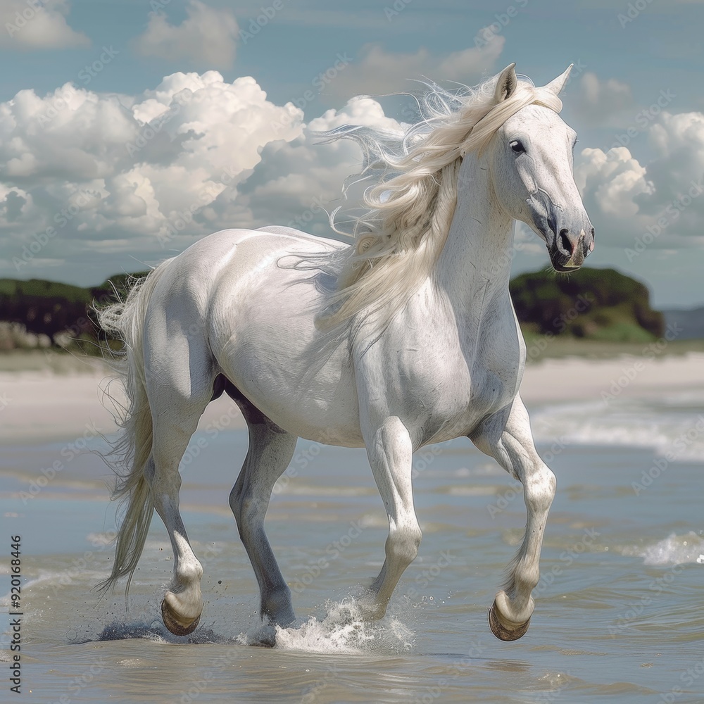 Majestic White Horse Prancing on Serene Beach with Crashing Waves in the Background Majestic White Horse Prancing on Serene Beach with Crashing Waves in the Background