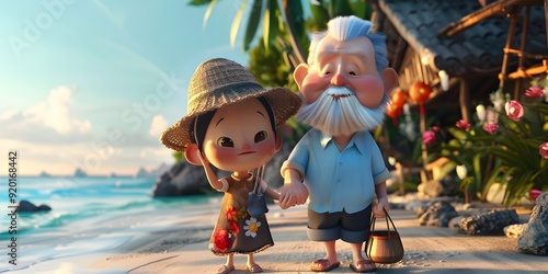 Relaxed elderly Japanese man enjoying a seaside vacation, dressed in casual attire while engaging in leisure activities. This serene scene captures the essence of tranquility and joy found in beachsid