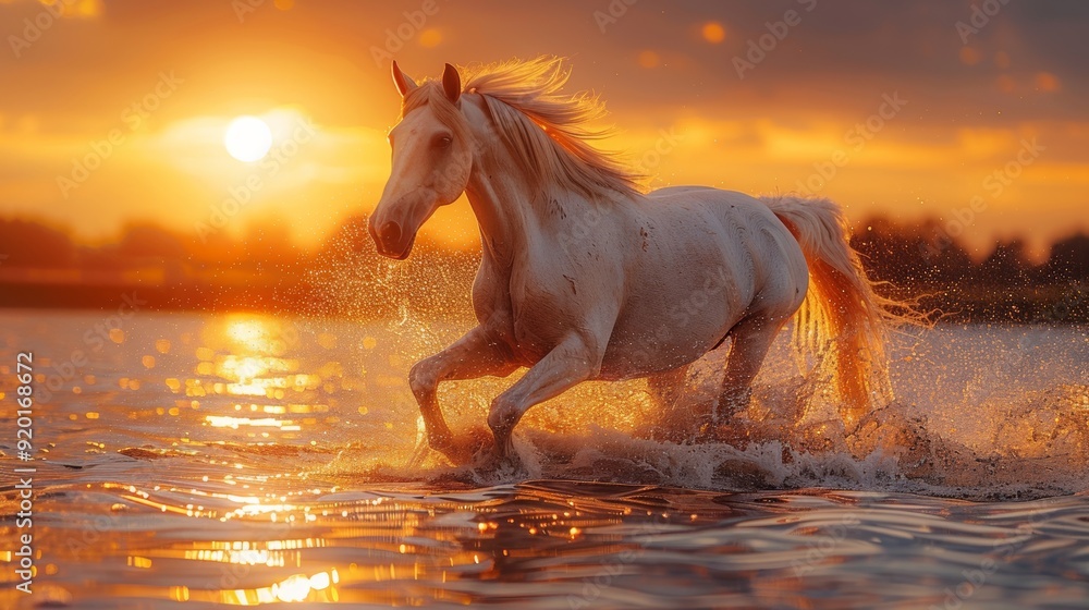 Majestic White Horse Galloping along the Beach at Sunset Majestic White Horse Galloping along the Beach at Sunset