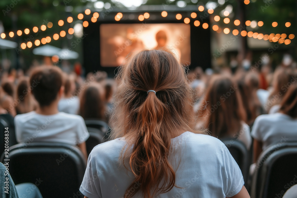 Young woman watching movie at open air cinema festival Young woman watching movie at open air cinema festival