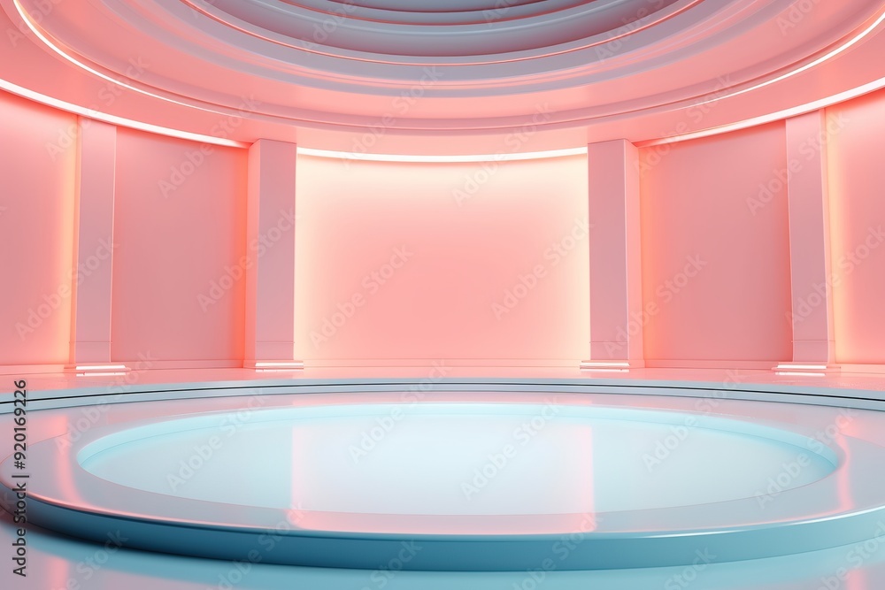 Abstract pink and blue circular platform with glowing lights. Abstract pink and blue circular platform with glowing lights.