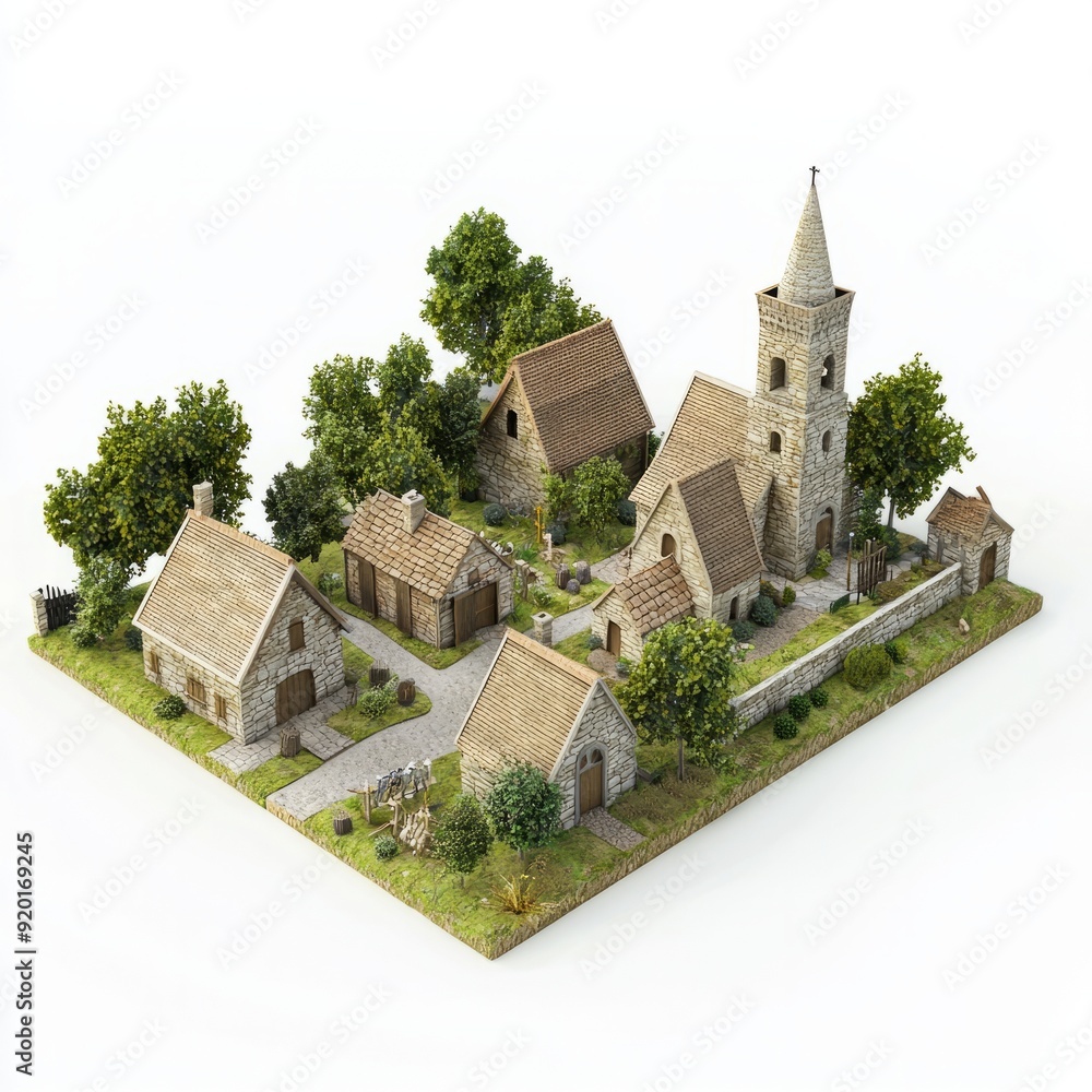 3D Render of a rustic village featuring traditional stone houses, a village green. Miniature, on isolated white background 3D Render of a rustic village featuring traditional stone houses, a village green. Miniature, on isolated white background