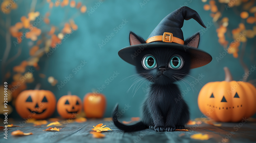 A whimsical black cat wearing a witch hat with Halloween elements on a dark green background, 3D illustration, copy space for text, blending spooky and playful vibes. A whimsical black cat wearing a witch hat with Halloween elements on a dark green background, 3D illustration, copy space for text, blending spooky and playful vibes.