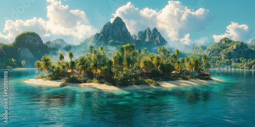 Fototapeta Naklejka Na Ścianę i Meble -  Tropical island surrounded by turquoise water with palms growing on white sand beach