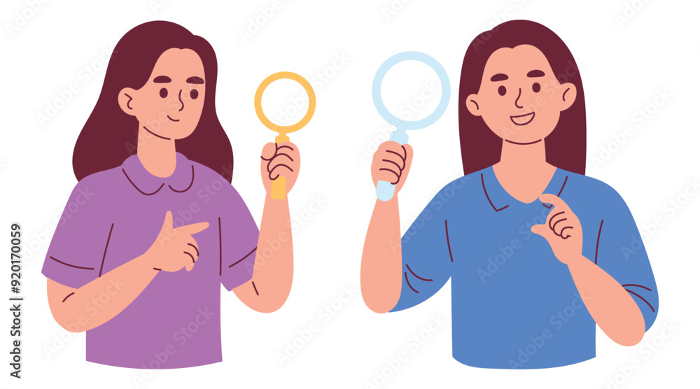 Woman Observing Using Magnifying Glass Searching Something Woman Observing Using Magnifying Glass Searching Something