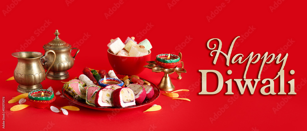 Naklejka premium Diya lamps with candles and plates of different treats on red background. Divaly celebration