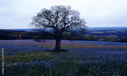 Wallpaper Mural Summer landscape. A large tree in the middle of a green meadow with flowers against the blue sky. Generated by artificial intelligence Torontodigital.ca