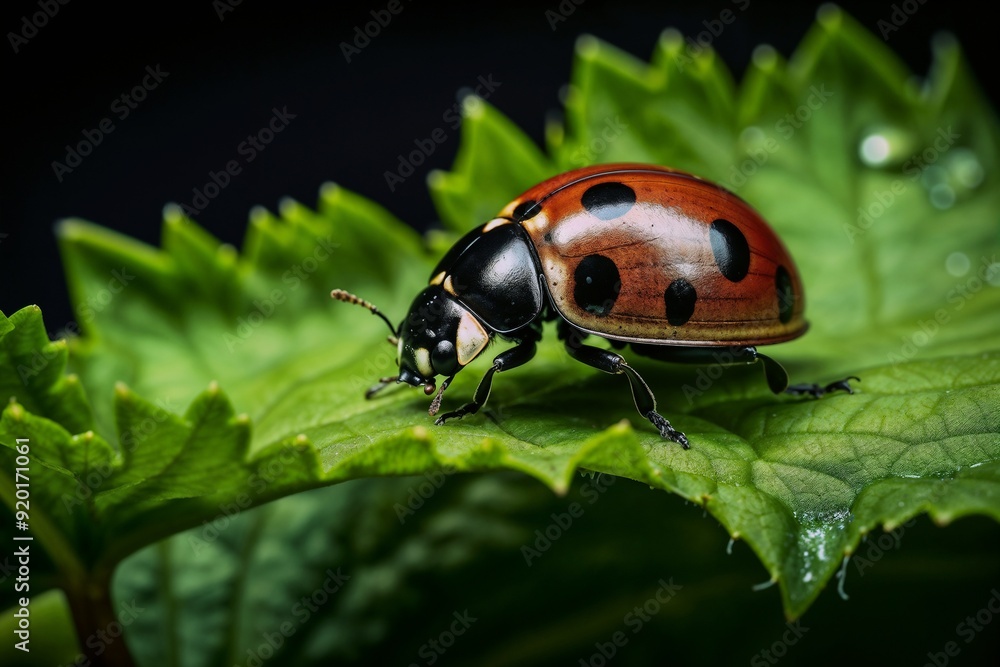 Close-Up of a Vibrant Ladybug on Lush Green Leaf with Water Droplets Close-Up of a Vibrant Ladybug on Lush Green Leaf with Water Droplets