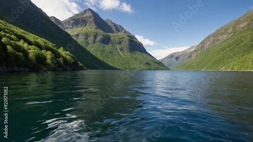 Secluded fjords animation. Capture the peaceful beauty with steep cliffs, calm waters, and a serene atmosphere. Experience the charm of secluded fjords in motion. photo