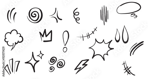  doodle set handdrawn cartoony expression sign doodle curve directional arrows emoticon effects desig 
