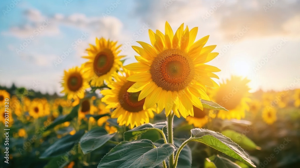 Fototapeta premium Stunning sunflowers basking in sunlight, showcasing vibrant yellow petals against a blue sky, epitomizing summer beauty.