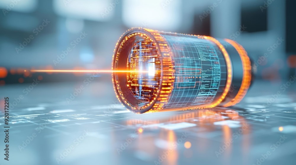 Obraz premium A glowing futuristic lens capturing a beam of light, symbolizing the transition from physical documents to digital archives with unmatched clarity