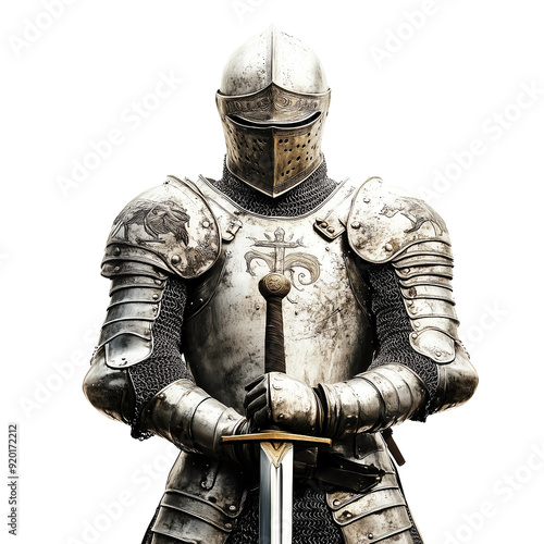 A powerful knight in shining armor stands confidently, transparent background, white background