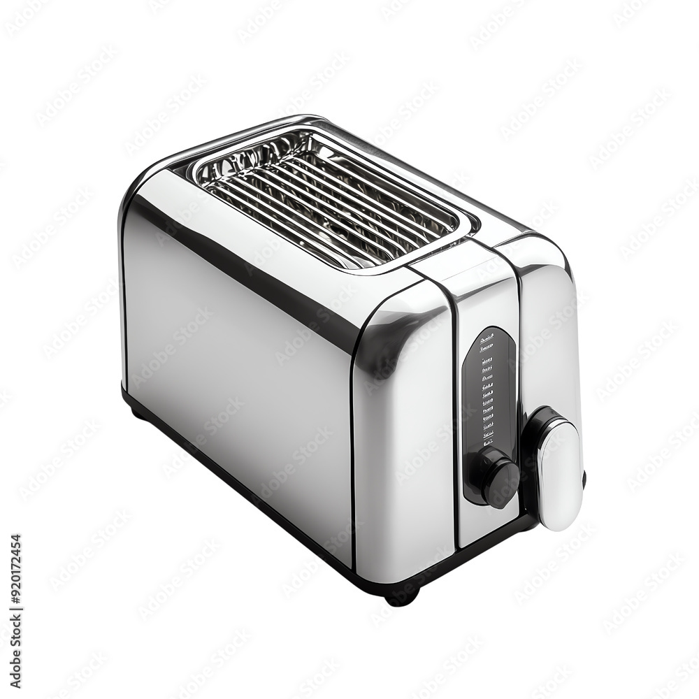 A sleek and modern toaster with a shiny chrome finish, transparent background, white background A sleek and modern toaster with a shiny chrome finish, transparent background, white background