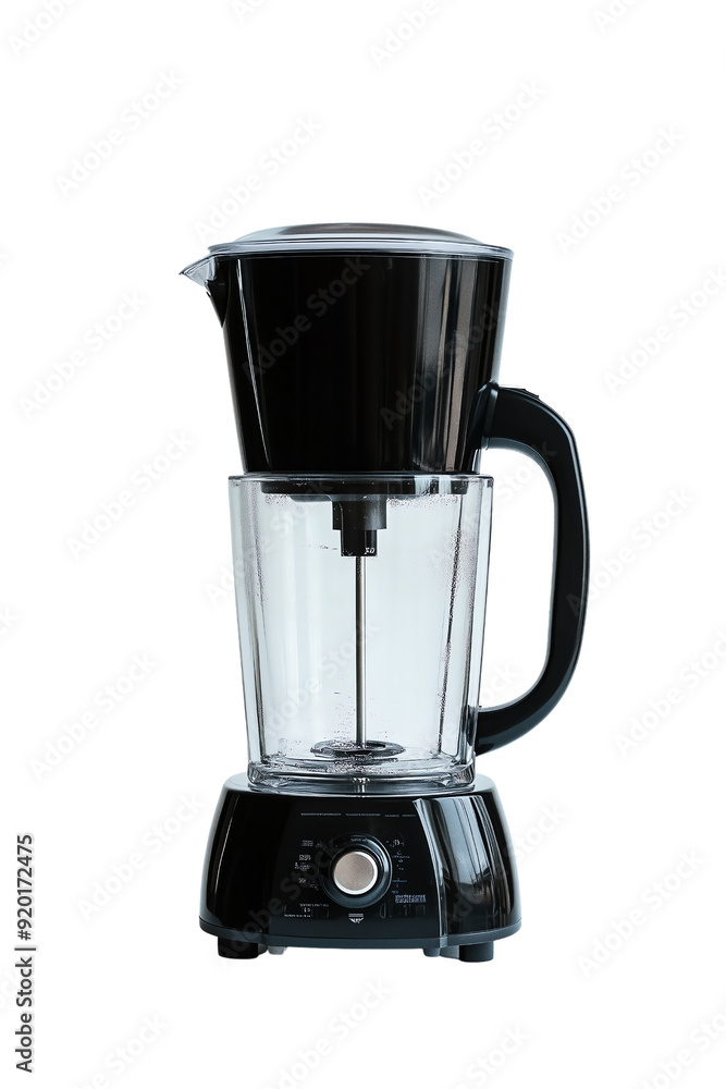 A sleek black blender with a transparent jar, transparent background, white background A sleek black blender with a transparent jar, transparent background, white background