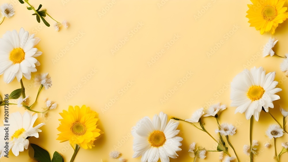 A mix of white and yellow flowers arranged on a pastel yellow background for a soft aesthetic.
A mix of white and yellow flowers arranged on a pastel yellow background for a soft aesthetic.