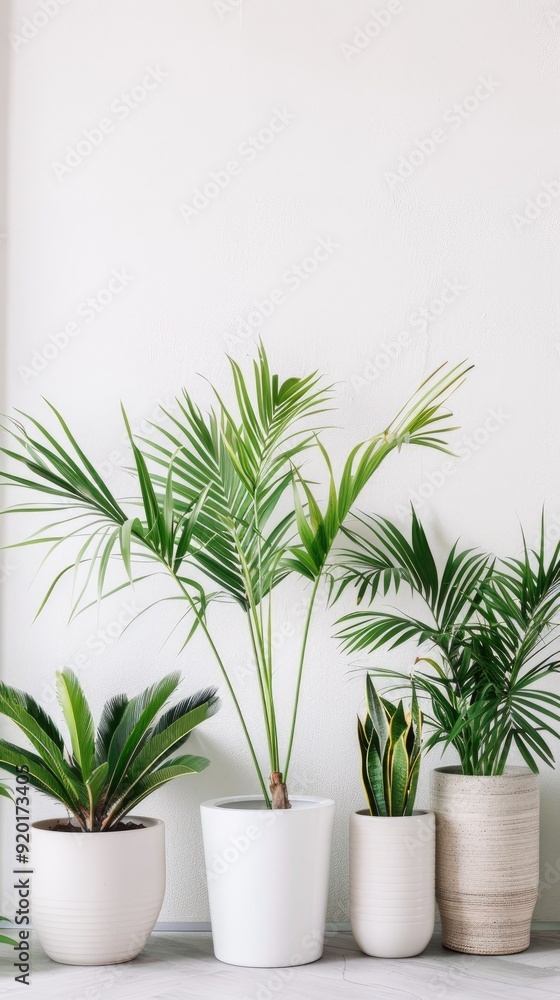 Obraz premium Three potted plants with green leaves against a white wall.