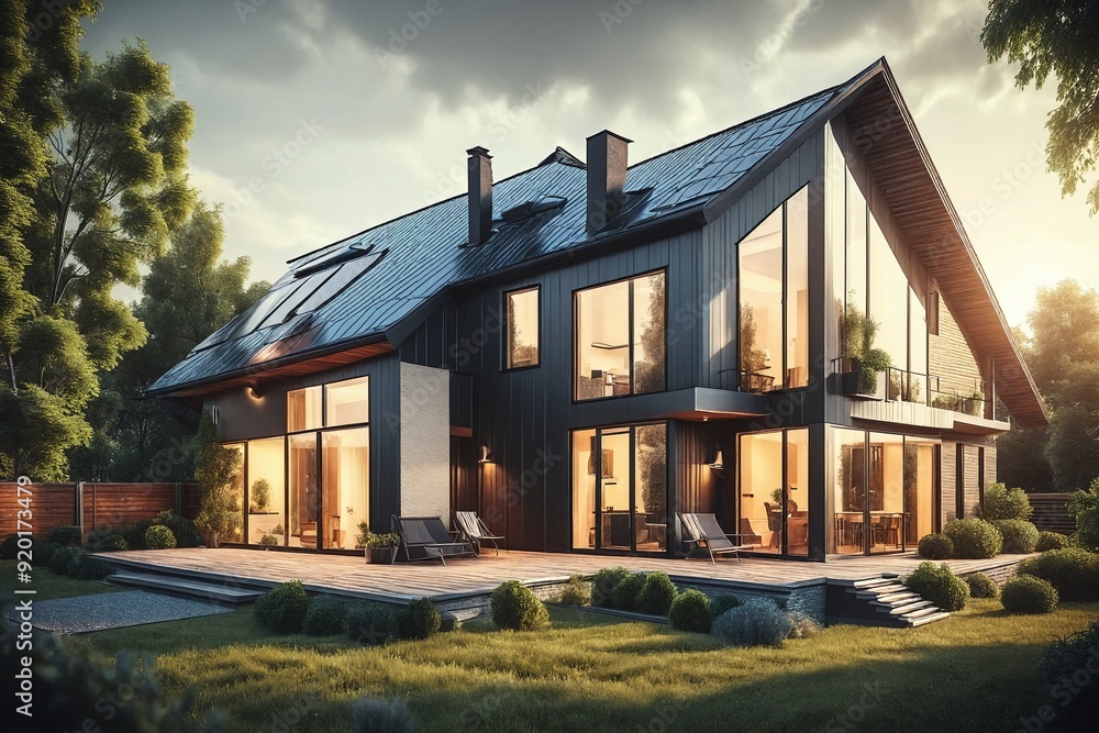 Modern House with Glass Windows at Sunset Modern House with Glass Windows at Sunset