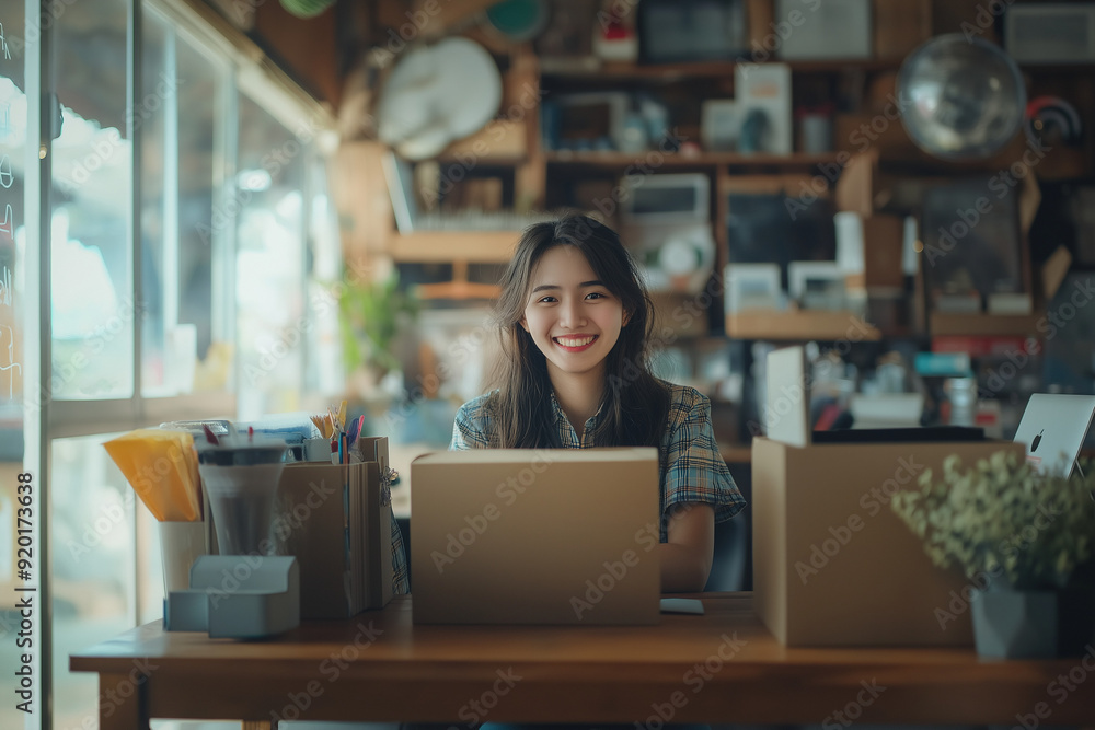 Asian young woman small business owner prepares packing the product box, preparing packaging for the customer.	