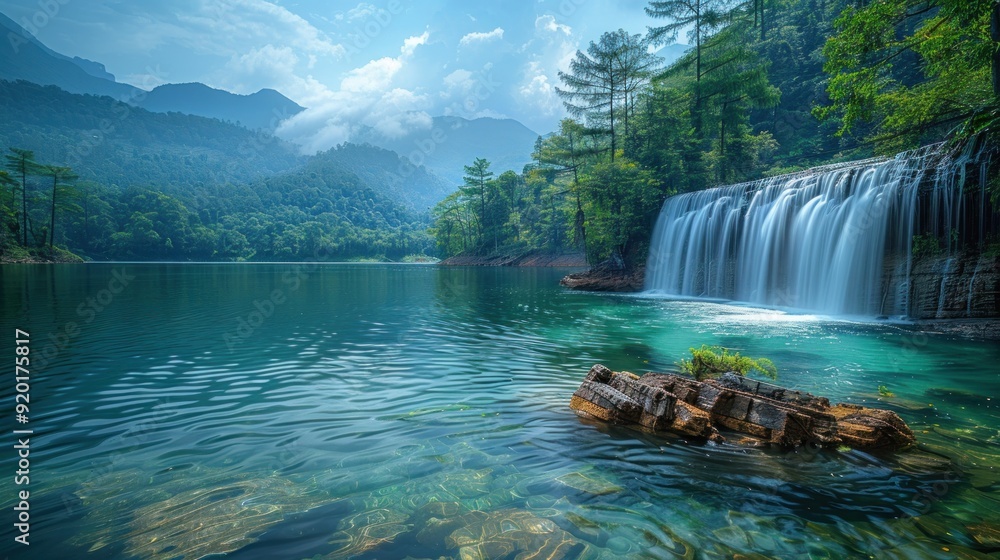 Serene Waterfall Cascading into a Tranquil Lake