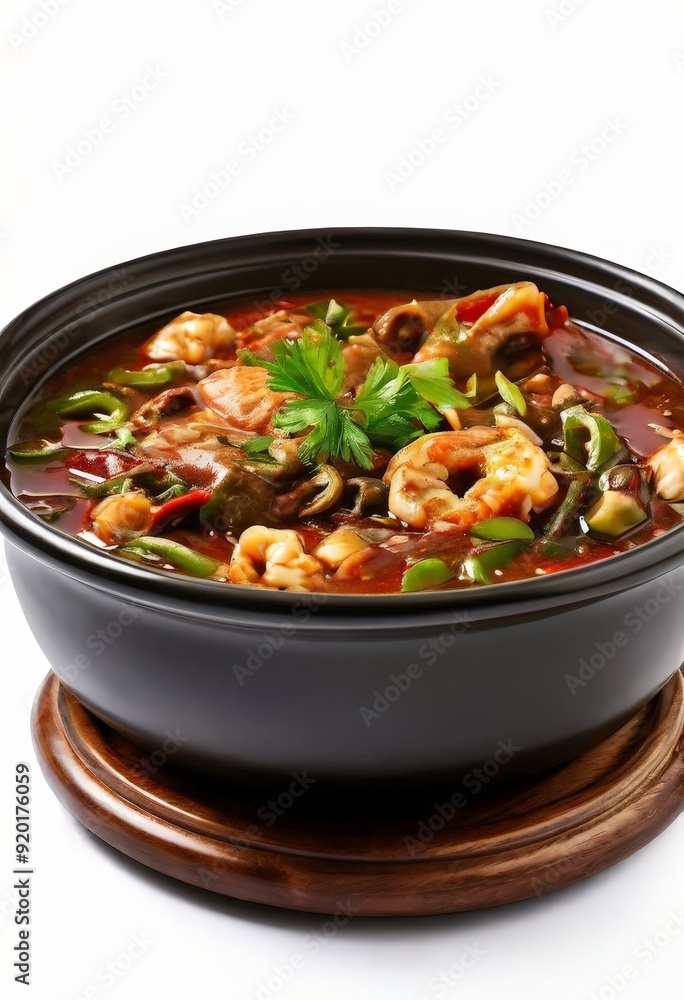 bowl shrimp and vegetable soup with wooden spoon bowl shrimp and vegetable soup with wooden spoon