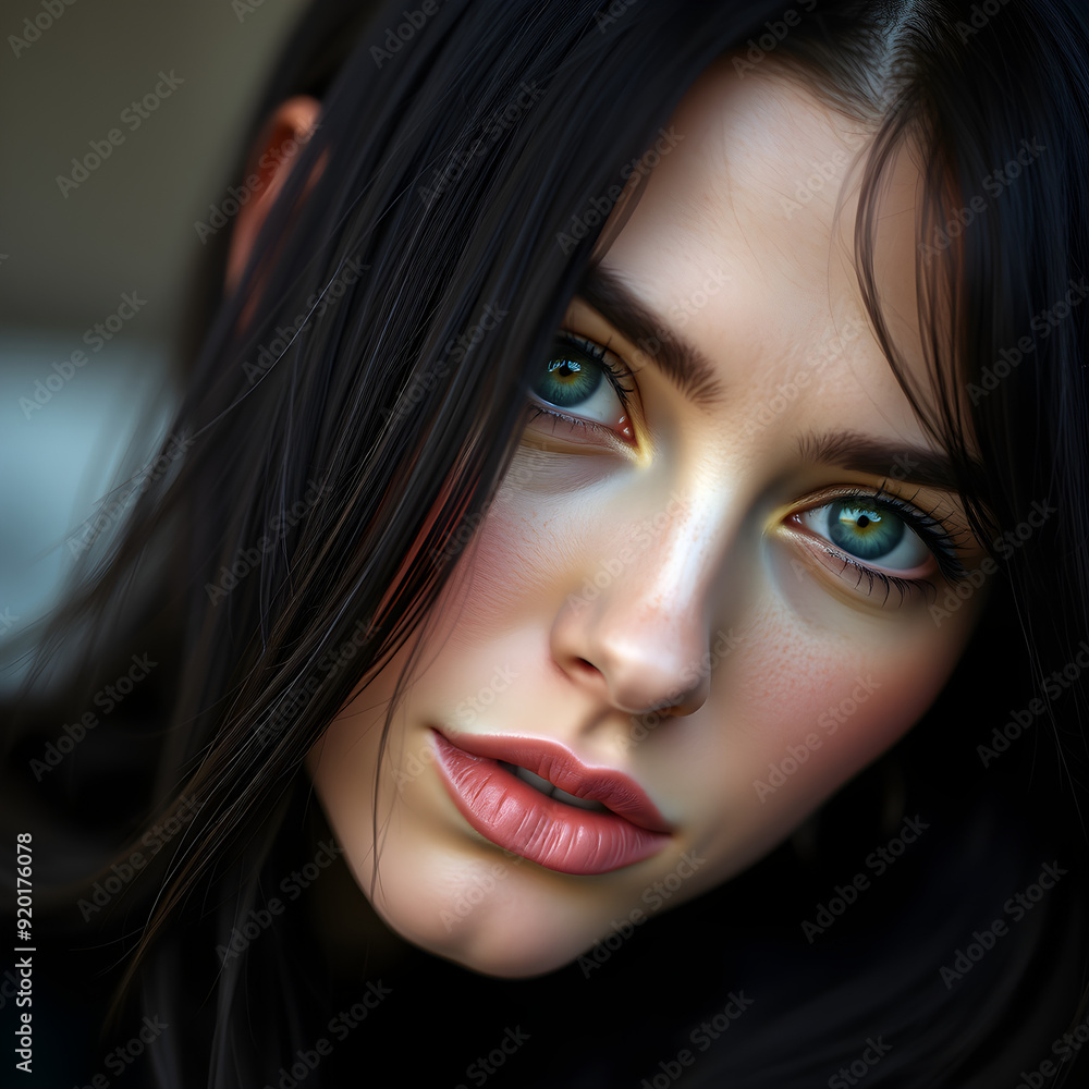 Intensidad y Belleza, Mujer de Ojos Verdes y Cabello Oscuro Intensidad y Belleza, Mujer de Ojos Verdes y Cabello Oscuro