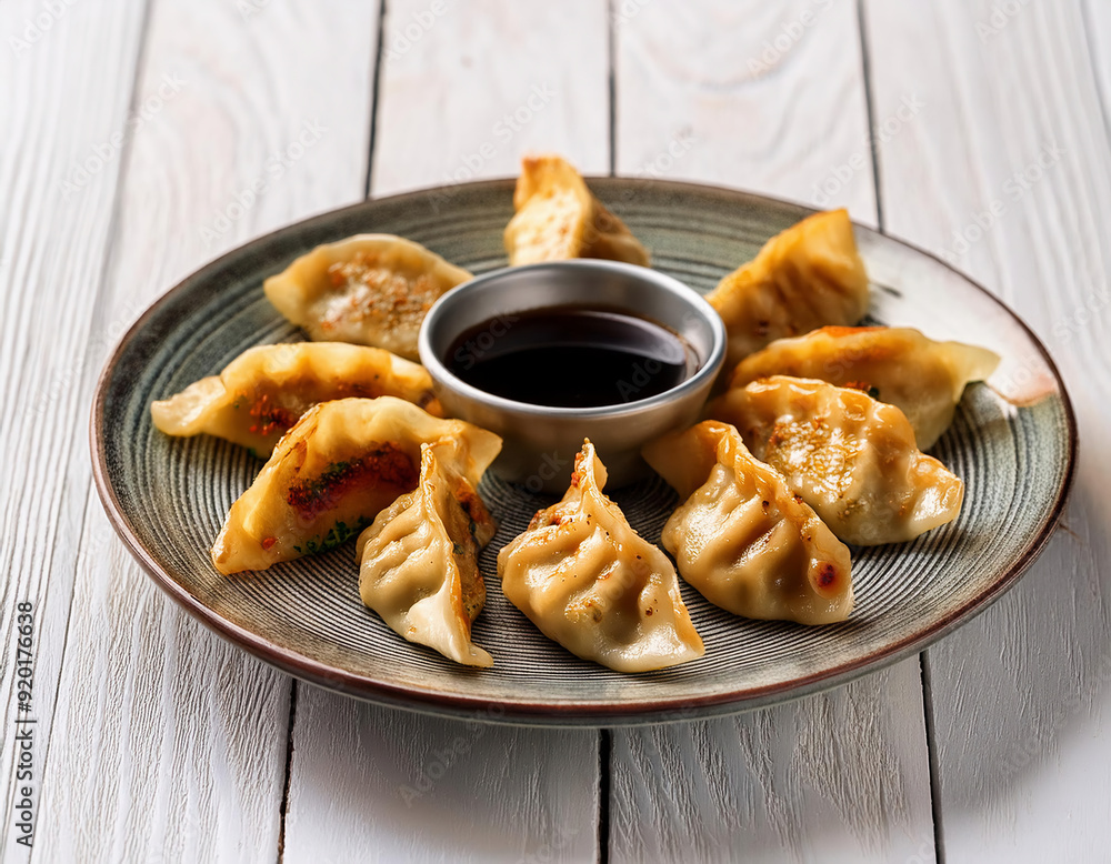 fried gyoza dumplings with soy sauce on a white wooden background. fried gyoza dumplings with soy sauce on a white wooden background.