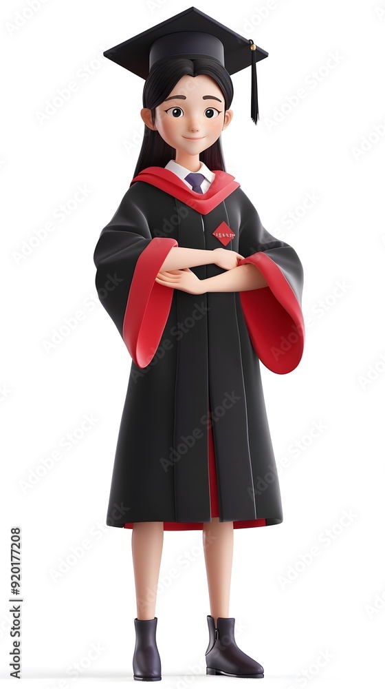 Adorable 3D character of an Asian graduate in bachelor’s robes, set against a white background. This charming design captures the joy and pride of graduation, making it an ideal addition for education Adorable 3D character of an Asian graduate in bachelor’s robes, set against a white background. This charming design captures the joy and pride of graduation, making it an ideal addition for education