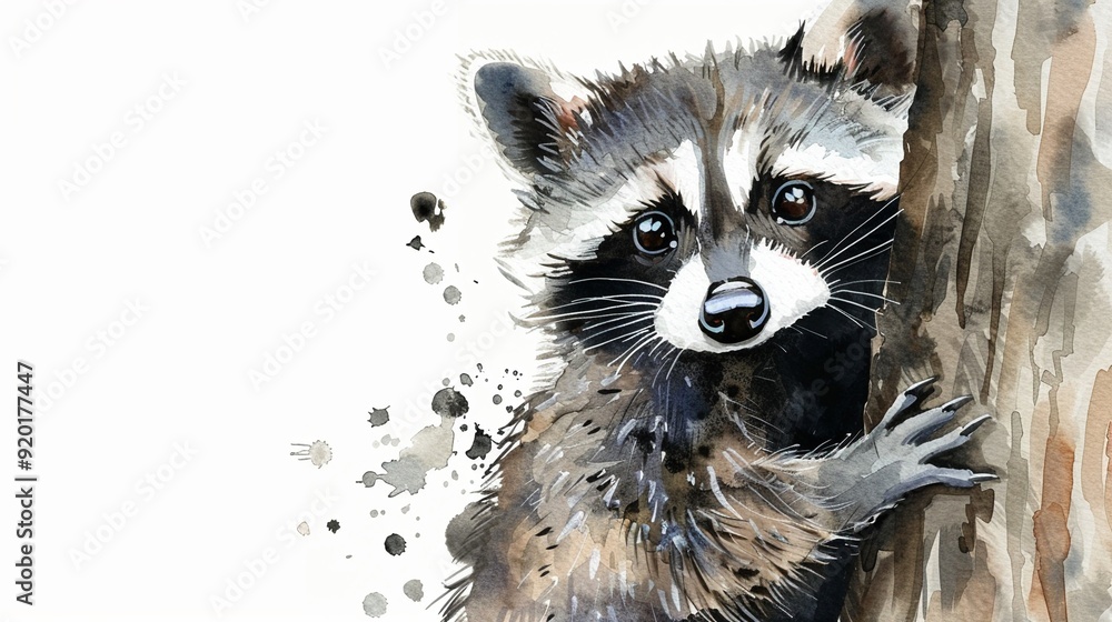 Fototapeta premium Raccoon peeking out from behind a tree,Clipart, watercolor illustration, Perfect for nursery art The style is hand drawn, white background