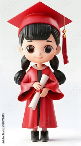 Adorable 3D character of an Asian graduate in bachelor’s robes, set against a white background. This charming design captures the joy and pride of graduation, making it an ideal addition for education