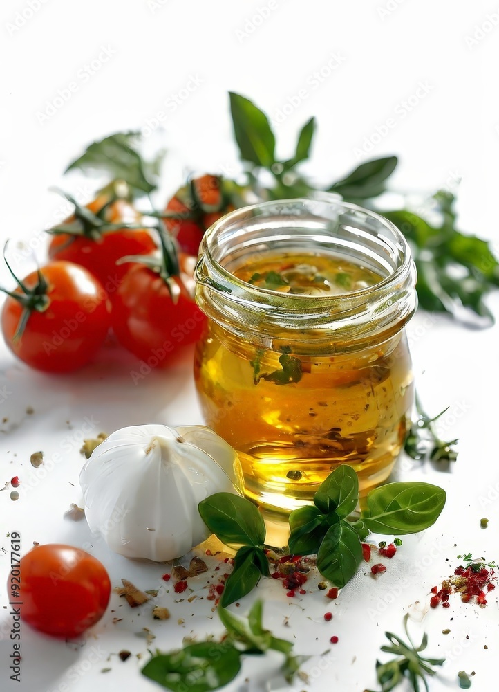 jar olive oil with fresh basil and tomatoes jar olive oil with fresh basil and tomatoes