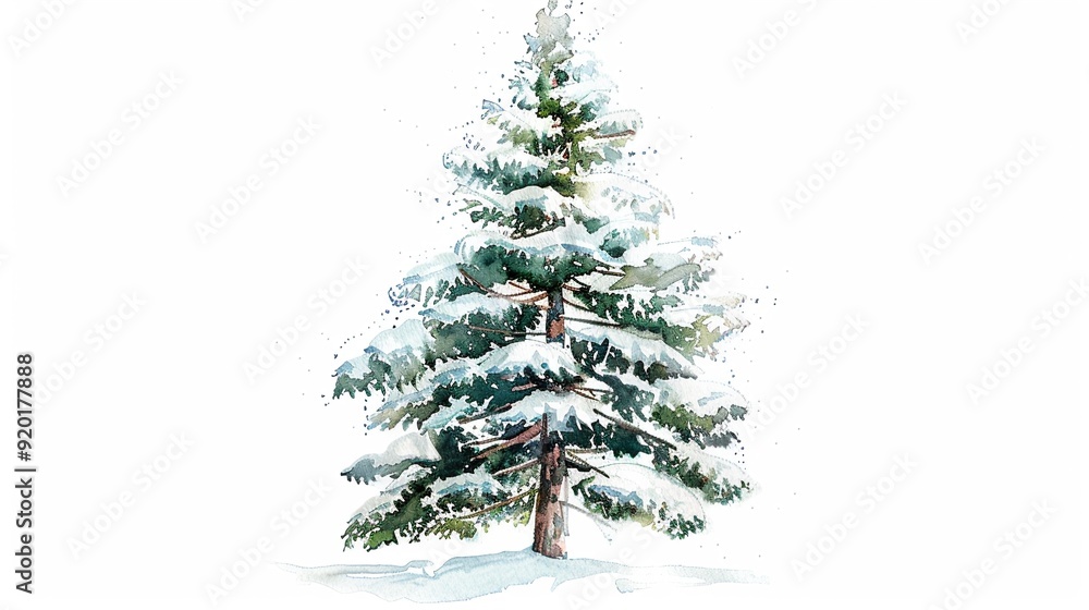 Tall pine tree with snow covered branches,Clipart, watercolor illustration, Perfect for nursery art The style is hand drawn, white background Tall pine tree with snow covered branches,Clipart, watercolor illustration, Perfect for nursery art The style is hand drawn, white background